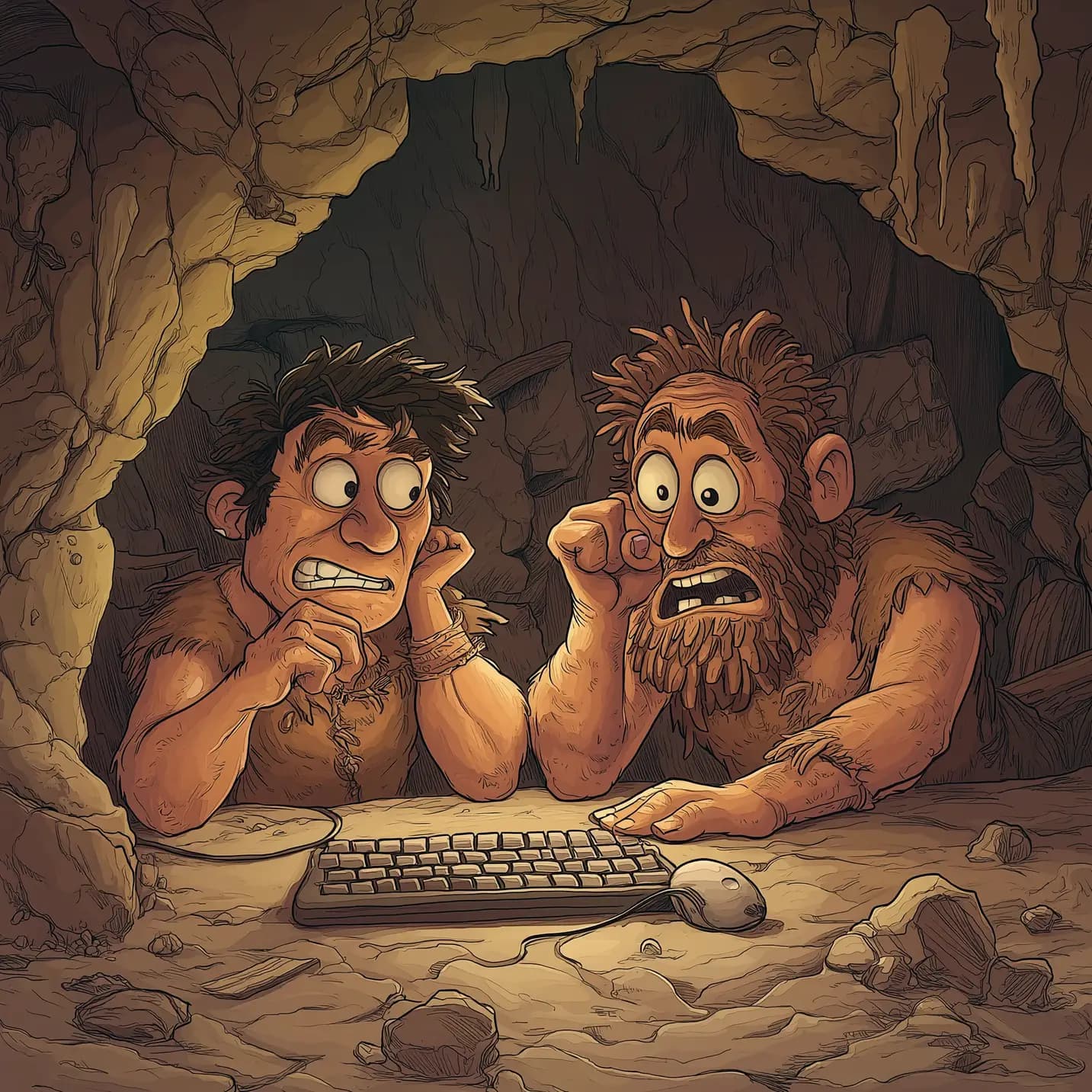 L'équipe Trusty à l'âge de pierre en pleine réflexion sur l'évolution de la technologie, illustration humouristique réalisé par Midjourney