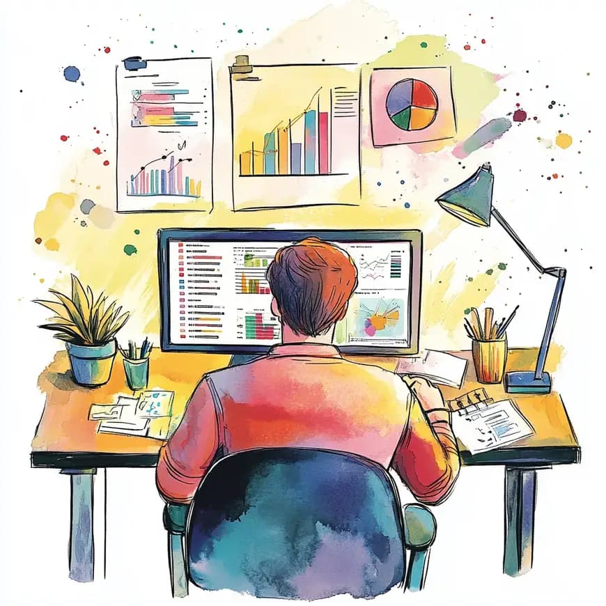 Illustration dessiné par Midjourney d'un developpeur en train de regarder des rapports SEO